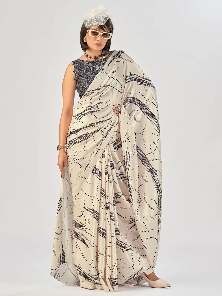 Stunning Off-White Printed Satin Daily Wear Saree With Blouse