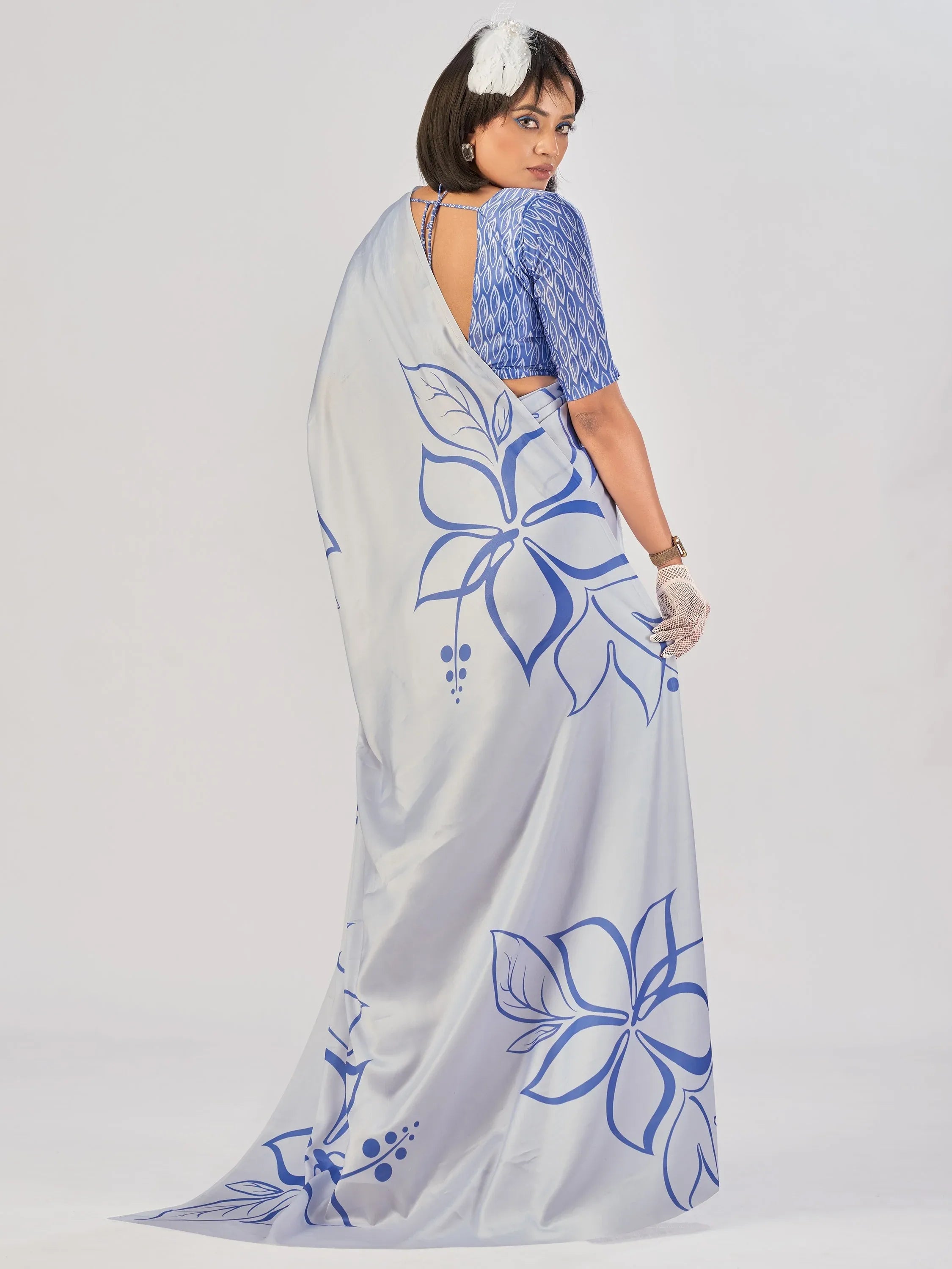 Alluring Sky Blue Floral Printed Satin Casual Wear Saree With Blouse