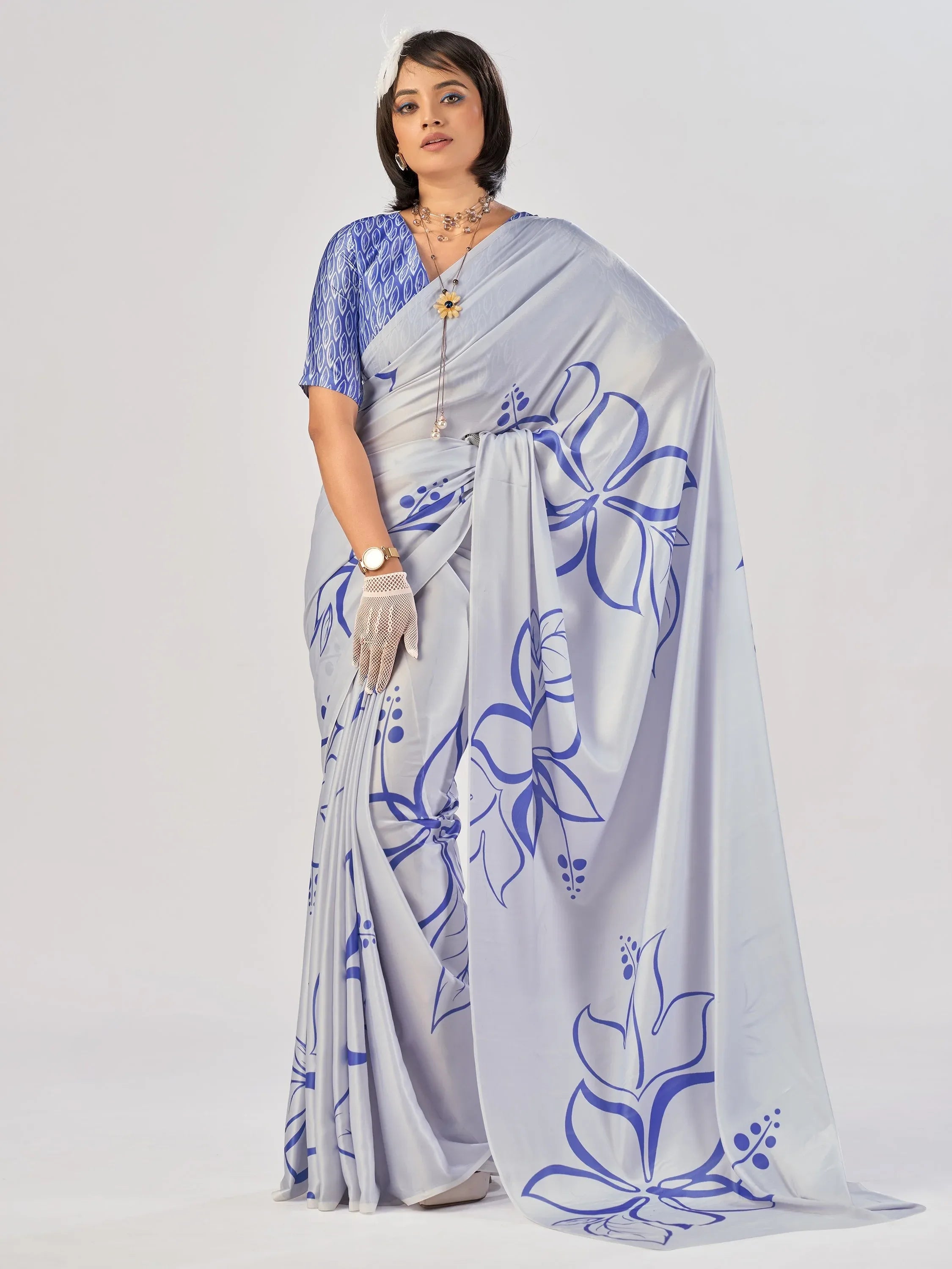 Alluring Sky Blue Floral Printed Satin Casual Wear Saree With Blouse