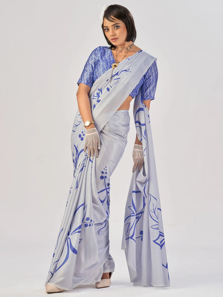 Alluring Sky Blue Floral Printed Satin Casual Wear Saree With Blouse