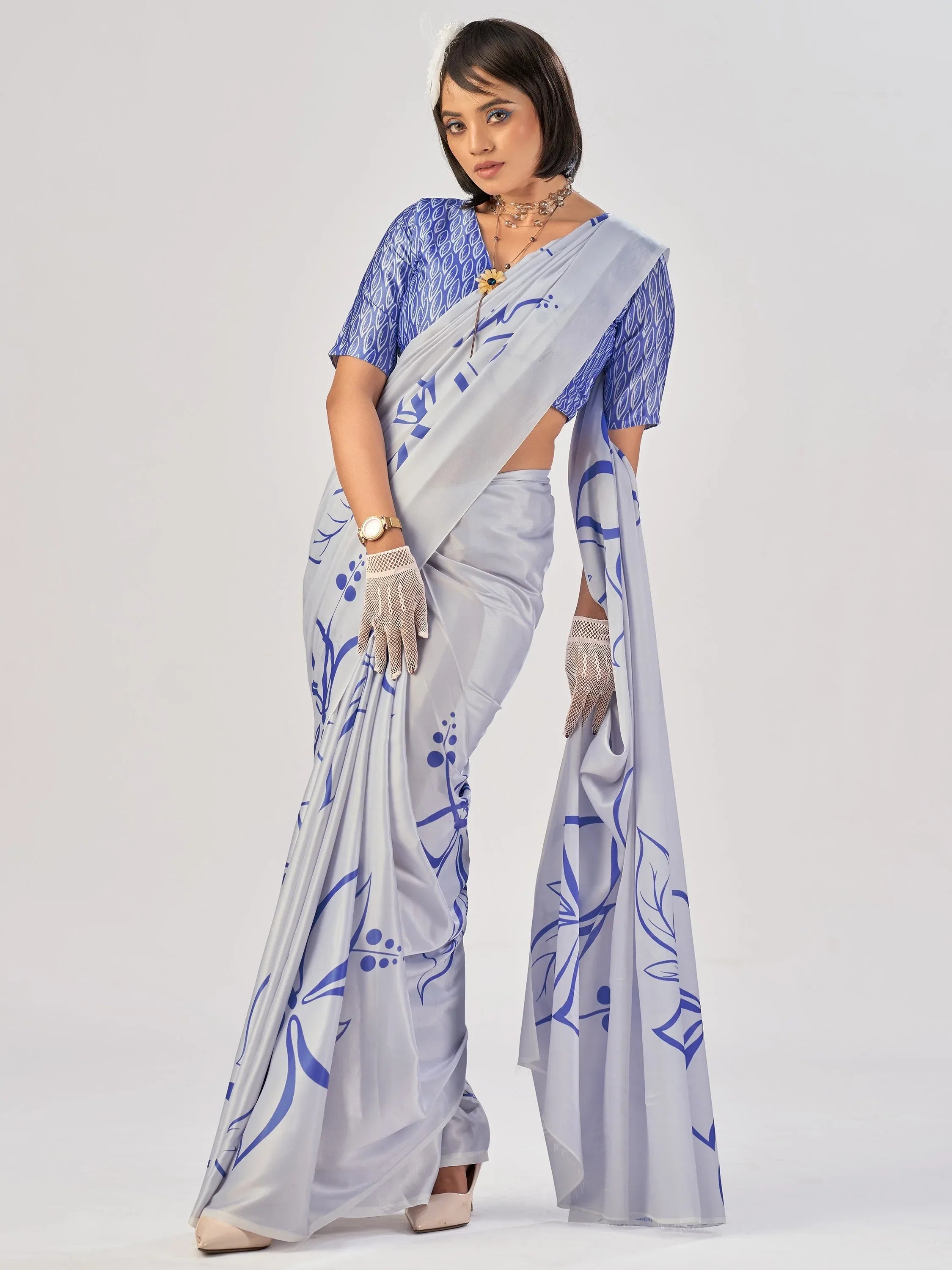 Alluring Sky Blue Floral Printed Satin Casual Wear Saree With Blouse