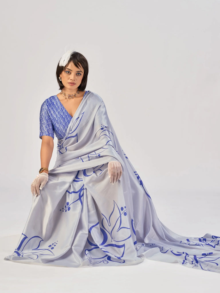 Alluring Sky Blue Floral Printed Satin Casual Wear Saree With Blouse