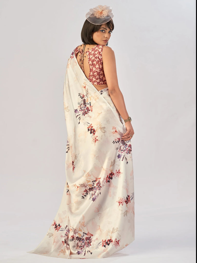 Regal White Printed Satin Office Wear Saree With Blouse