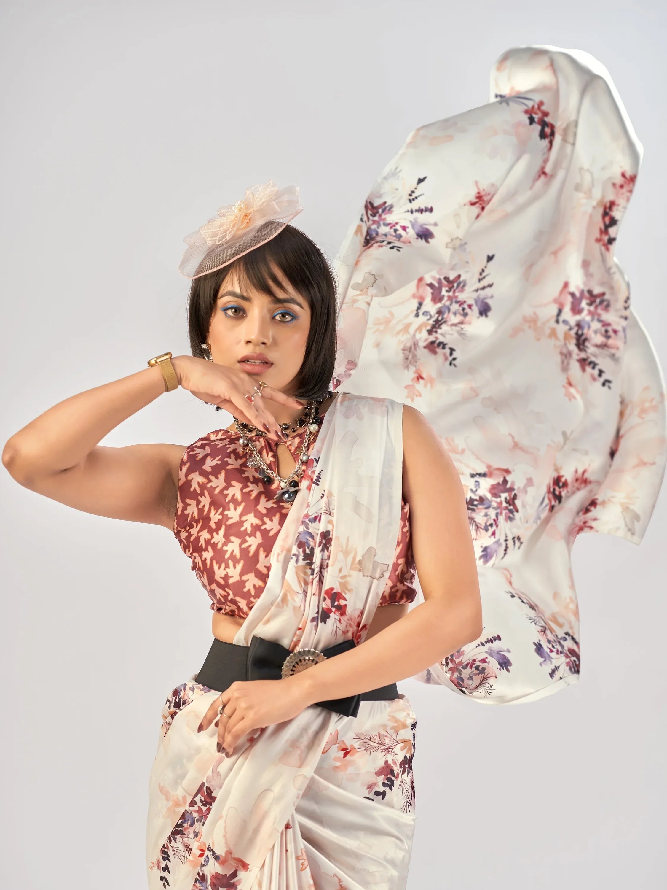 Regal White Printed Satin Office Wear Saree With Blouse