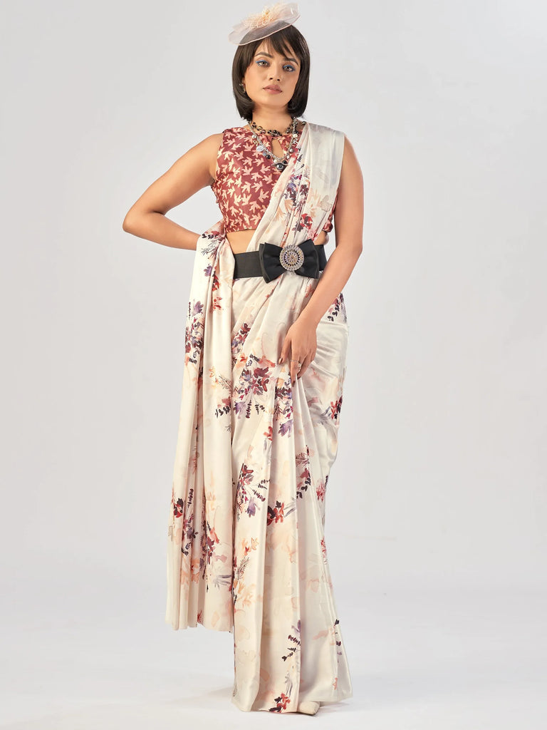 Regal White Printed Satin Office Wear Saree With Blouse