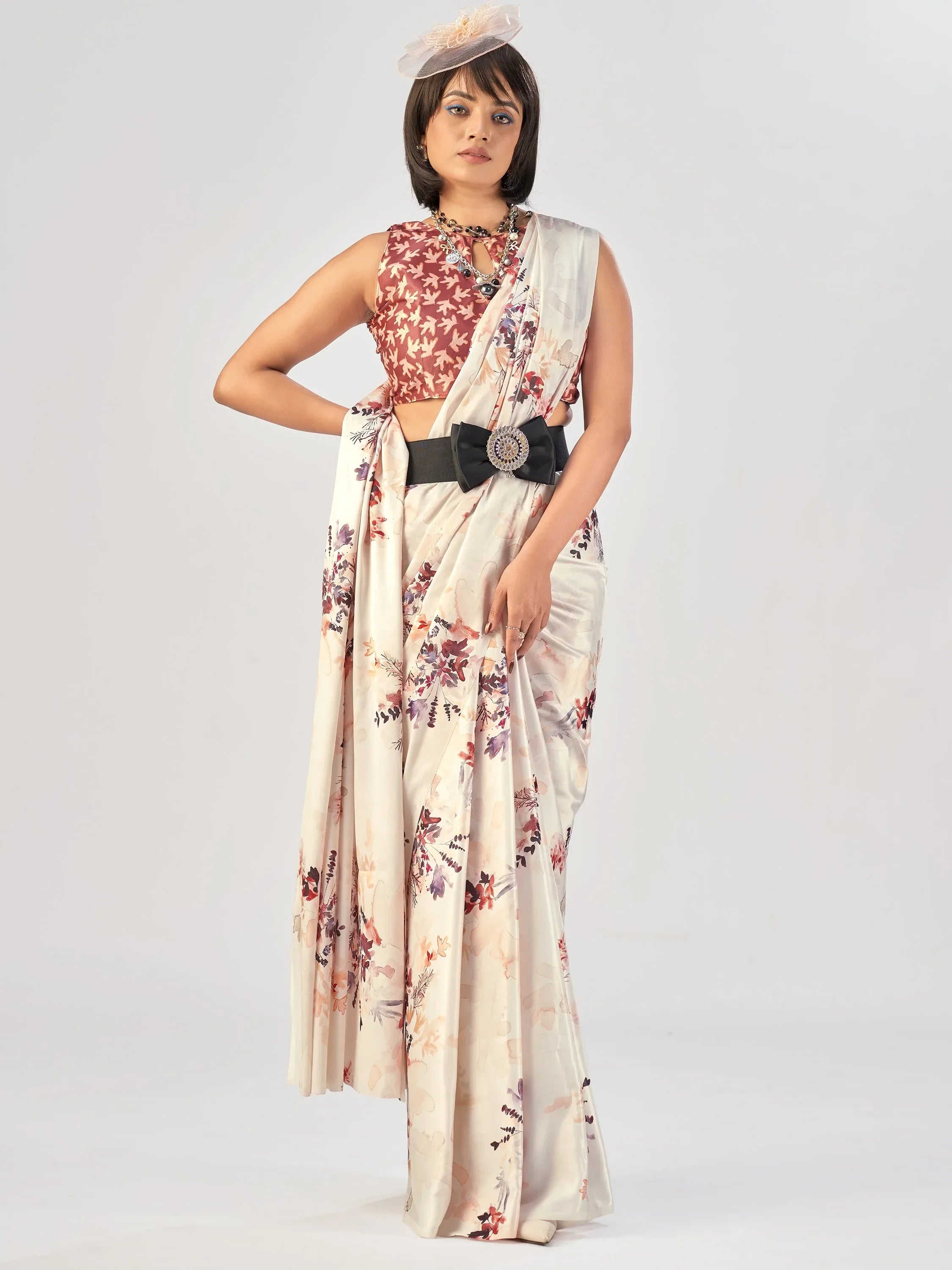 Regal White Printed Satin Office Wear Saree With Blouse