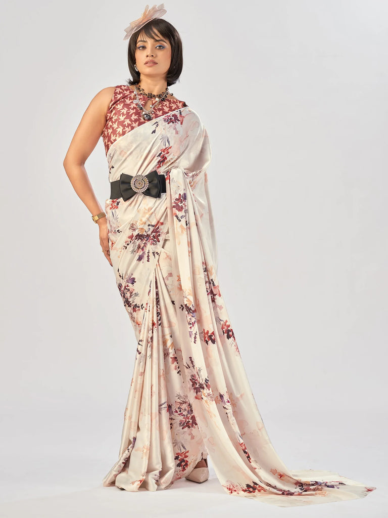 Regal White Printed Satin Office Wear Saree With Blouse