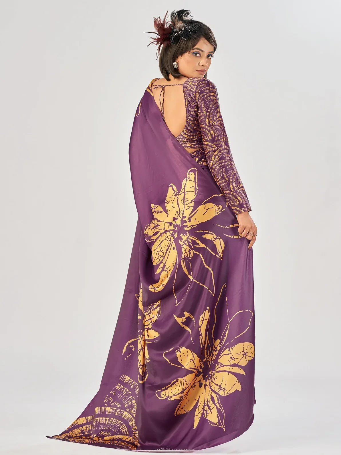 Gorgeous Wine Floral Printed Satin Traditional Saree With Blouse
