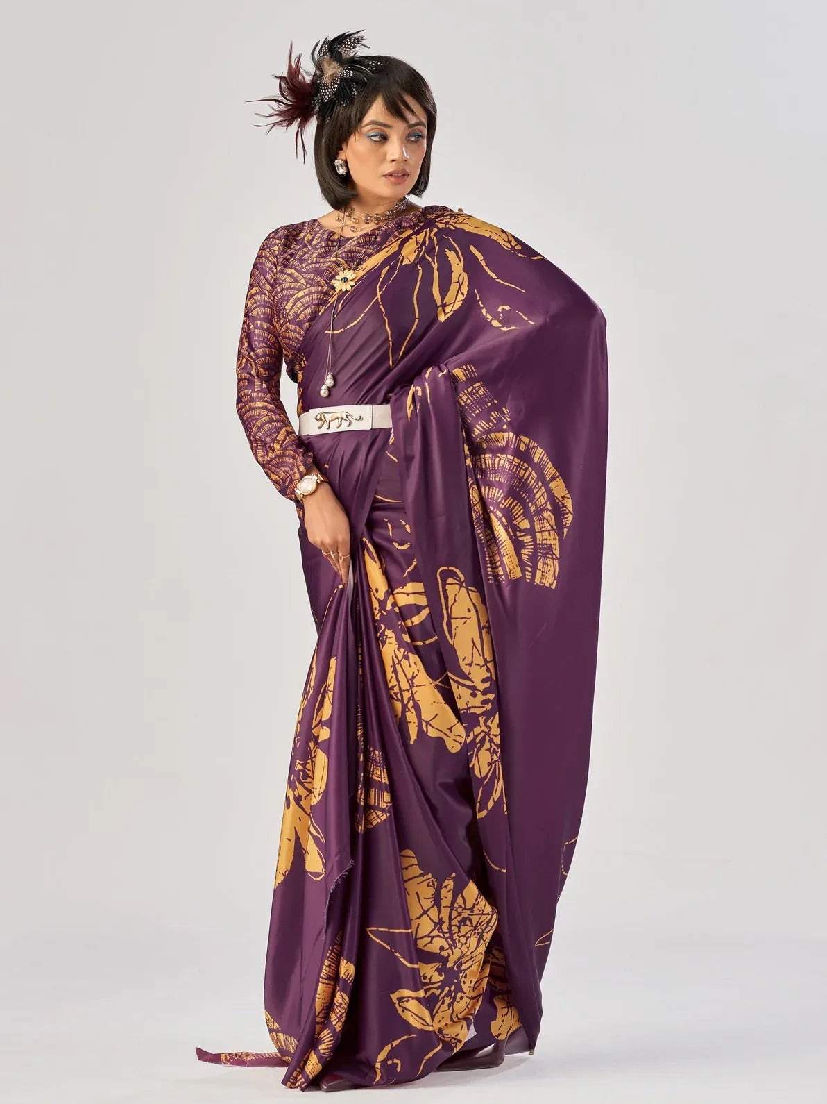 Gorgeous Wine Floral Printed Satin Traditional Saree With Blouse