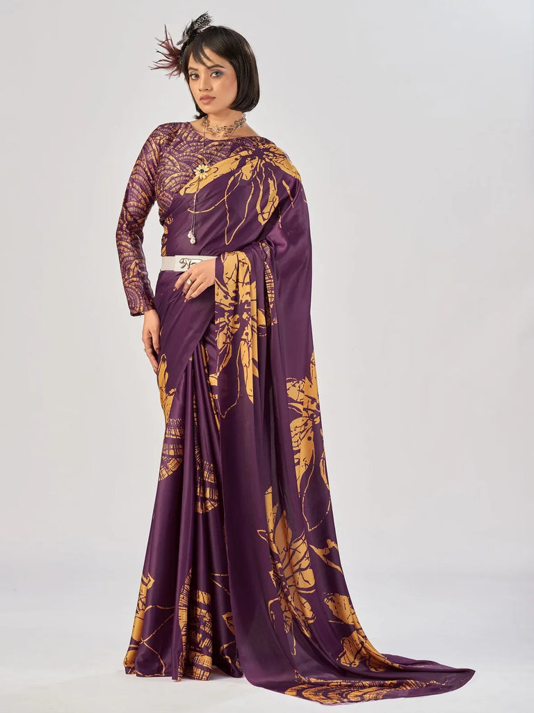 Gorgeous Wine Floral Printed Satin Traditional Saree With Blouse