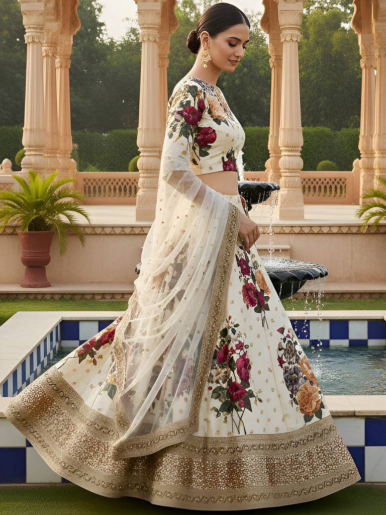 Glamorous Cream Printed Silk Festival Wear Plus Size Lehenga Choli