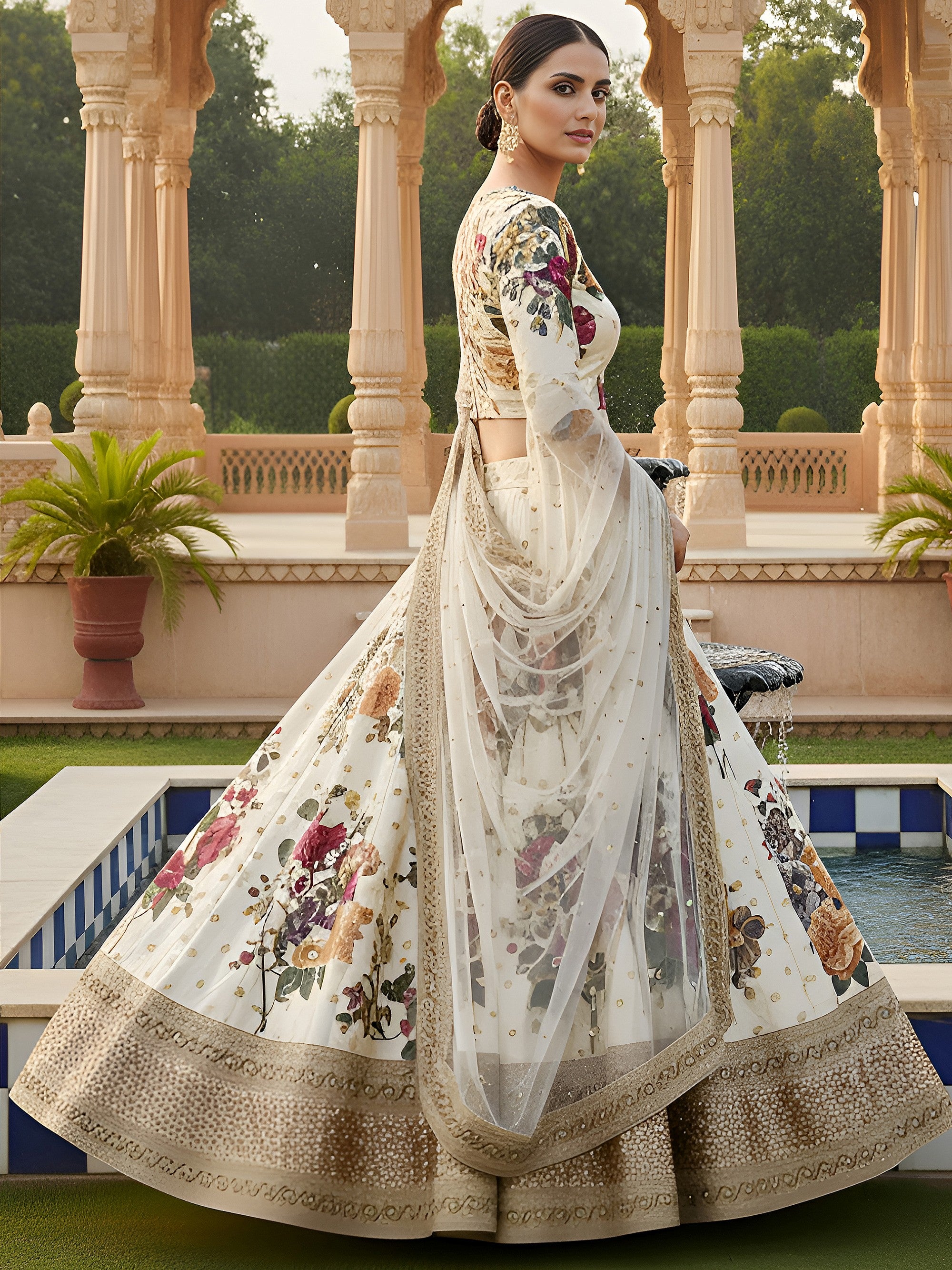 Glamorous Cream Printed Silk Festival Wear Plus Size Lehenga Choli