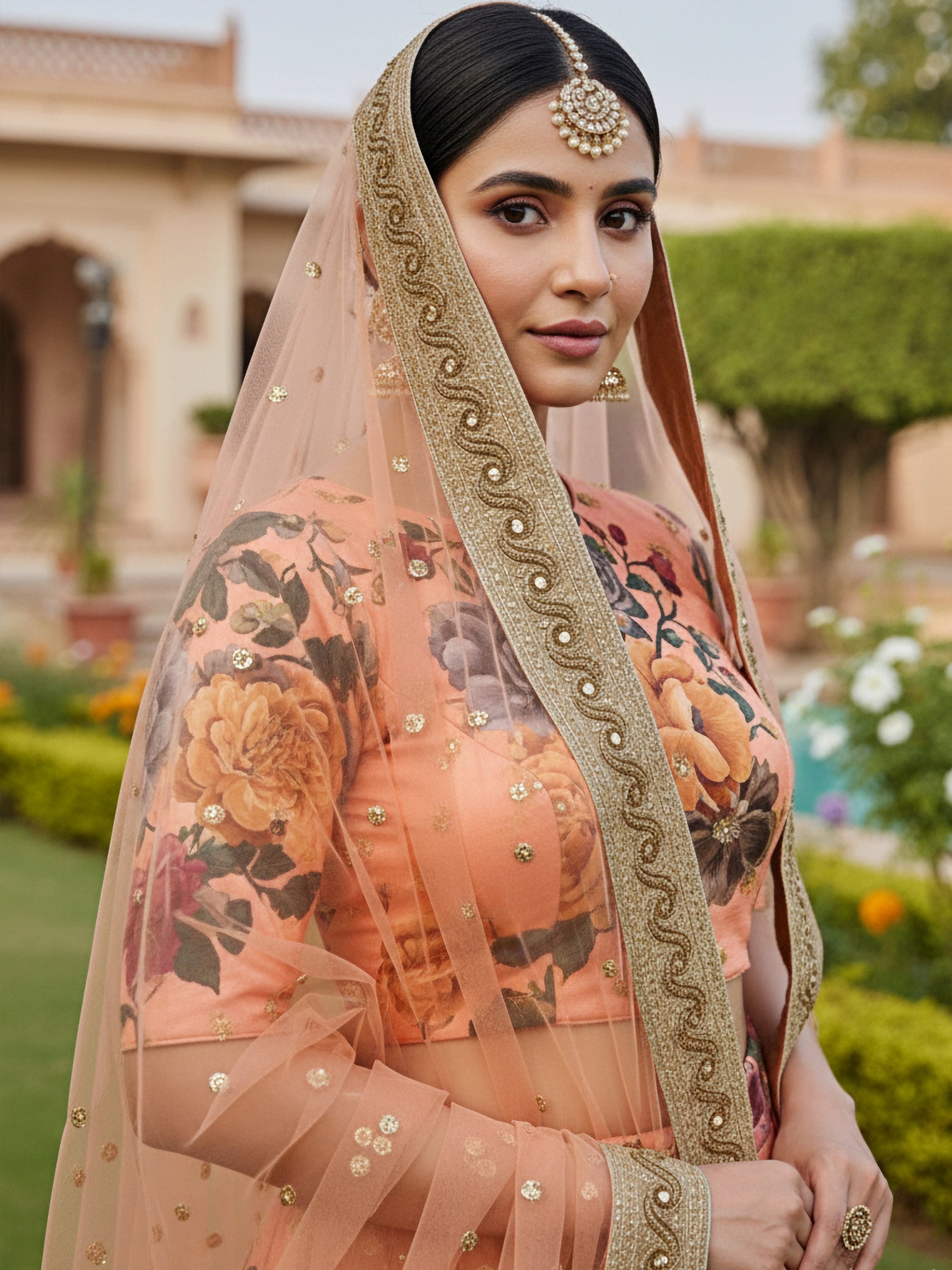 Attractive Peach Printed Silk Festival Wear Plus Size Lehenga Choli