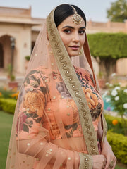 Gorgeous Peach Floral Printed Art Silk Lehenga Choli With Dupatta