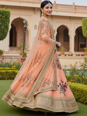 Attractive Peach Printed Silk Festival Wear Plus Size Lehenga Choli