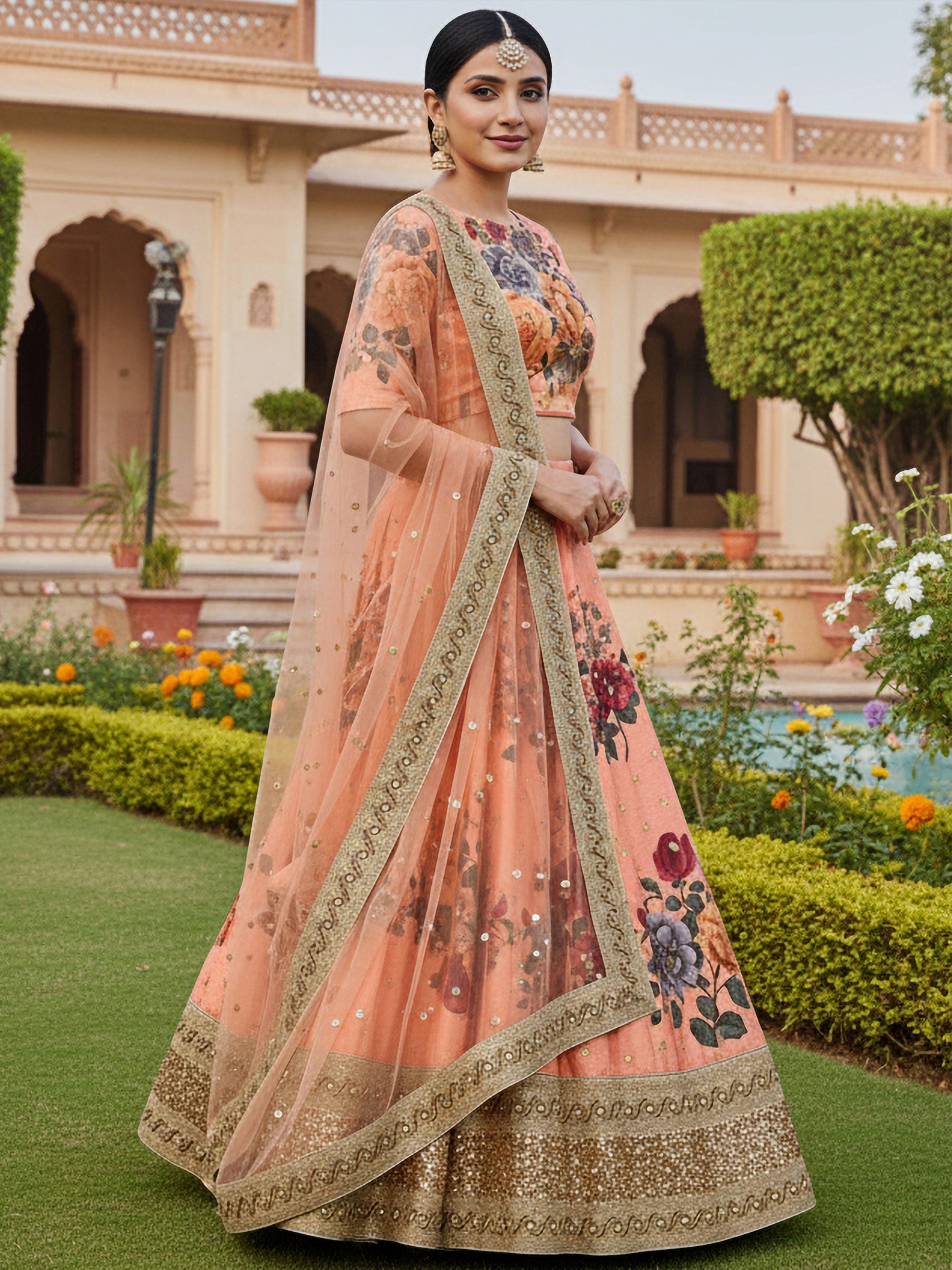 Attractive Peach Printed Silk Festival Wear Plus Size Lehenga Choli
