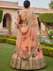 Attractive Peach Printed Silk Festival Wear Plus Size Lehenga Choli
