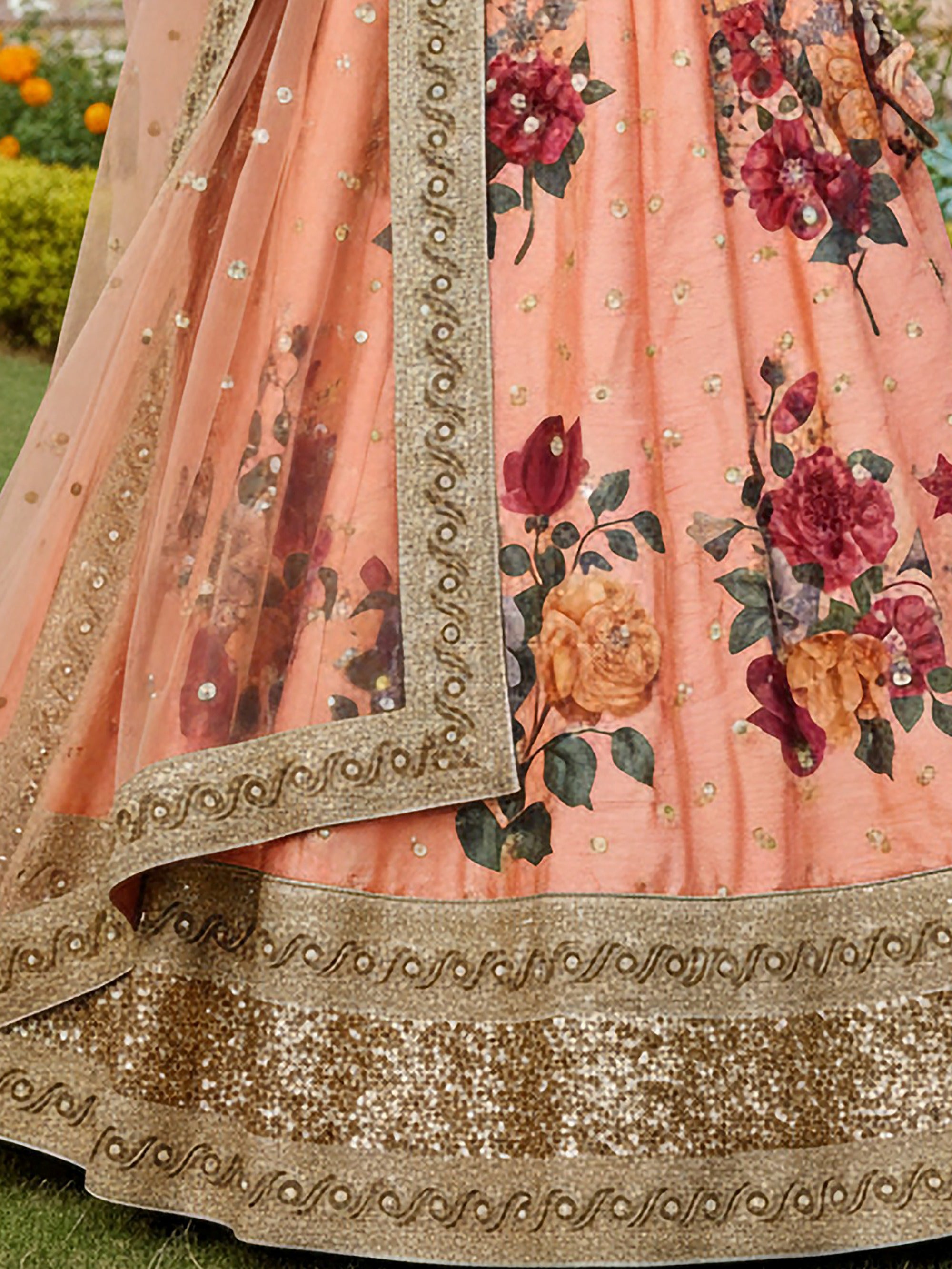 Attractive Peach Printed Silk Festival Wear Plus Size Lehenga Choli