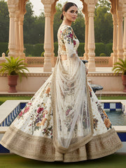Fabulous Cream Floral Printed Silk Wedding Lehenga Choli With Dupatta