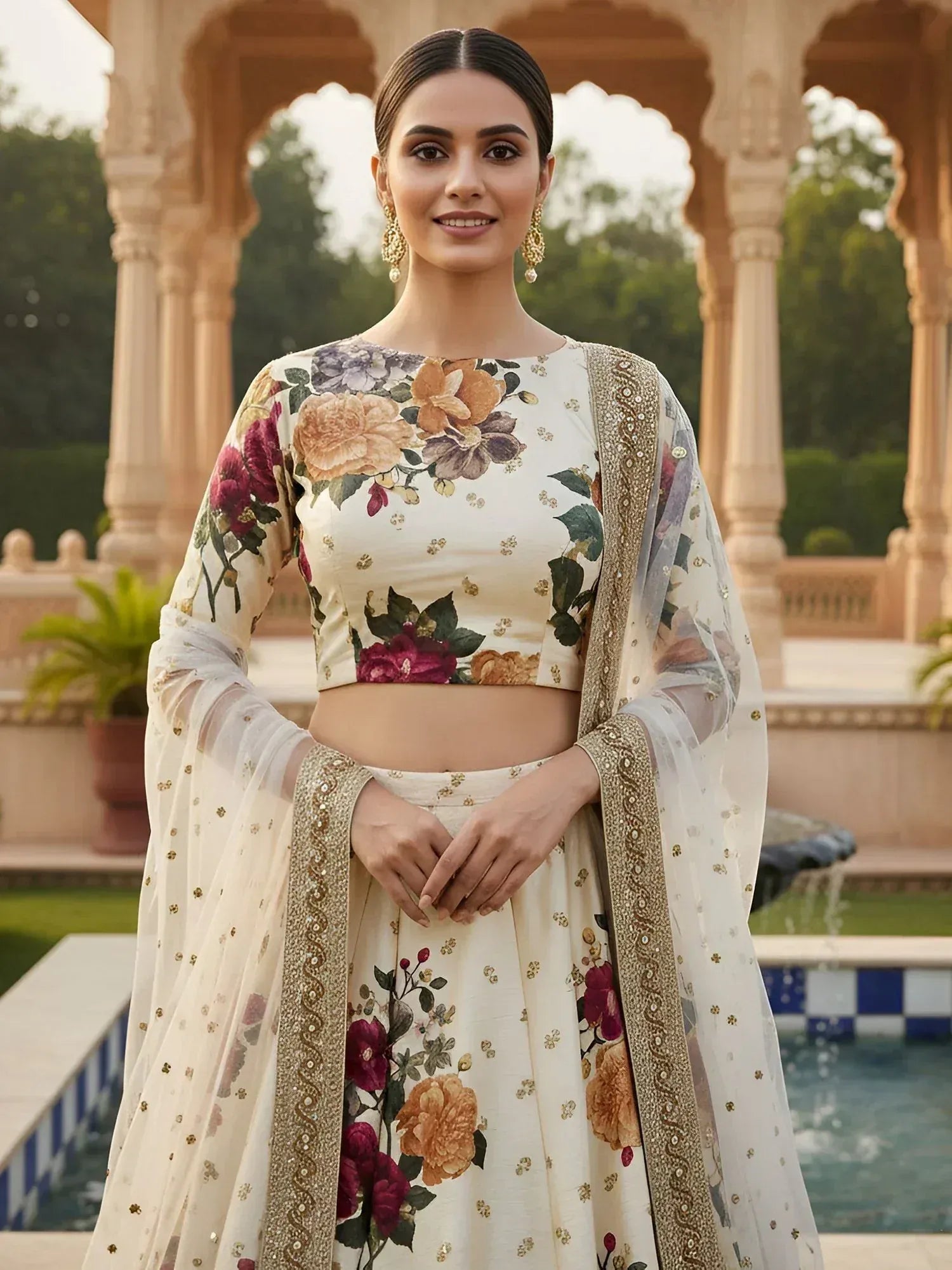 Floral print designer lehenga choli with gold embroidery, perfect for Indian ethnic wear occasions