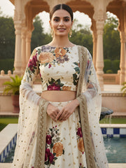 Fabulous Cream Floral Printed Silk Wedding Lehenga Choli With Dupatta