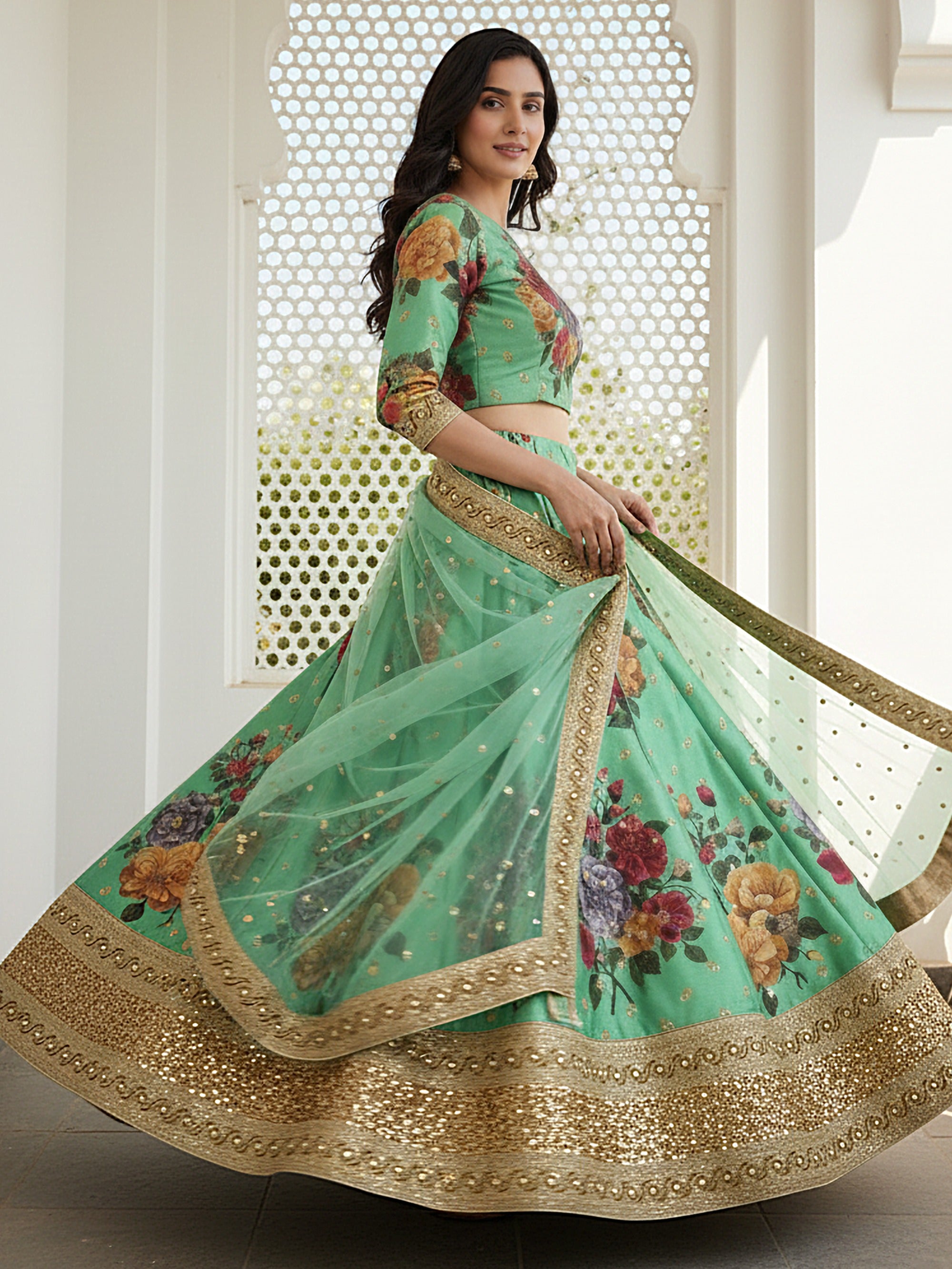 Awesome Green Floral Printed Silk Bridesmaid Plus Size Lehenga Choli