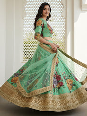 Awesome Green Floral Printed Silk Bridesmaid Plus Size Lehenga Choli