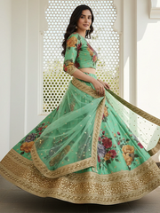 Amazing Green Floral Printed Silk Traditional Lehenga Choli With Dupatta