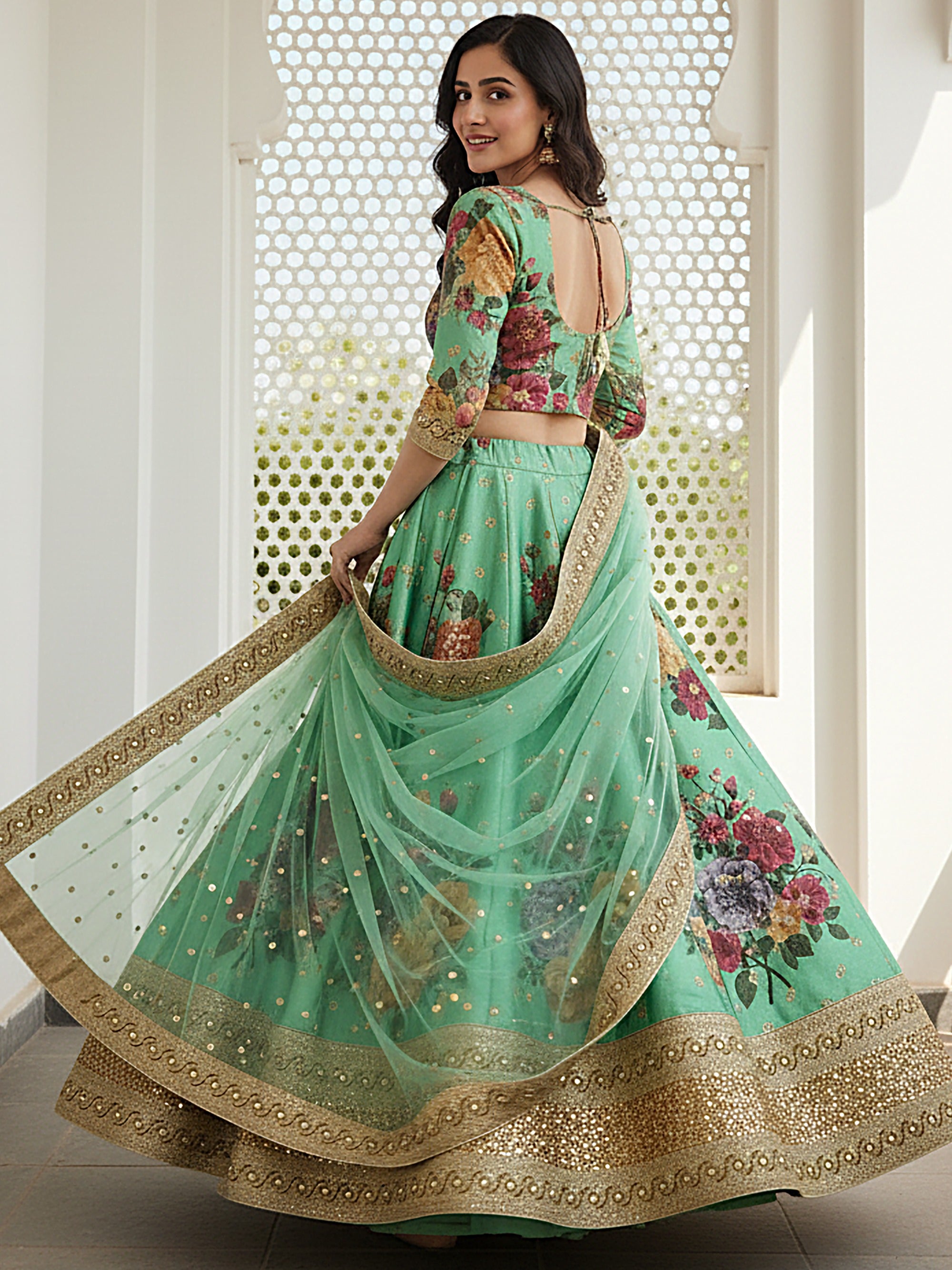 Awesome Green Floral Printed Silk Bridesmaid Plus Size Lehenga Choli