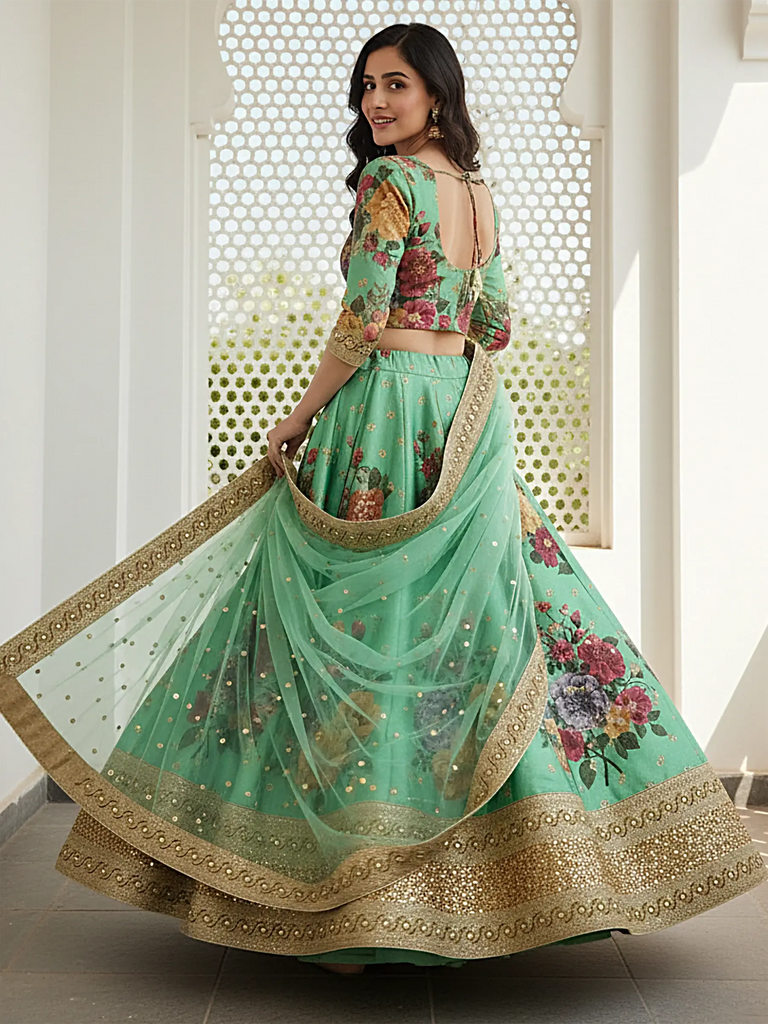 Amazing Green Floral Printed Silk Traditional Lehenga Choli With Dupatta