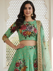 Awesome Green Floral Printed Silk Bridesmaid Plus Size Lehenga Choli