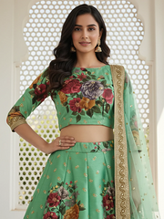 Amazing Green Floral Printed Silk Traditional Lehenga Choli With Dupatta