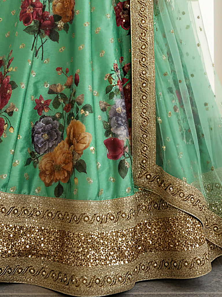 Awesome Green Floral Printed Silk Bridesmaid Plus Size Lehenga Choli