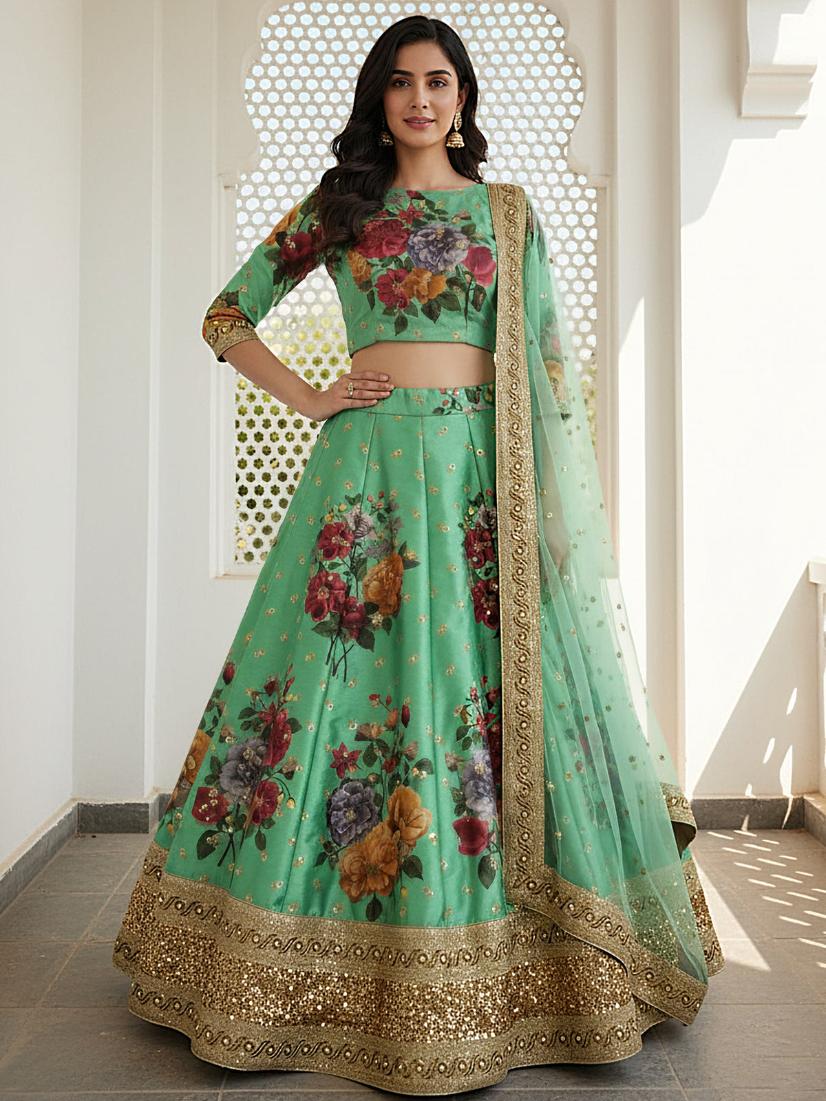 Awesome Green Floral Printed Silk Bridesmaid Plus Size Lehenga Choli