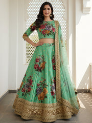 Awesome Green Floral Printed Silk Bridesmaid Plus Size Lehenga Choli