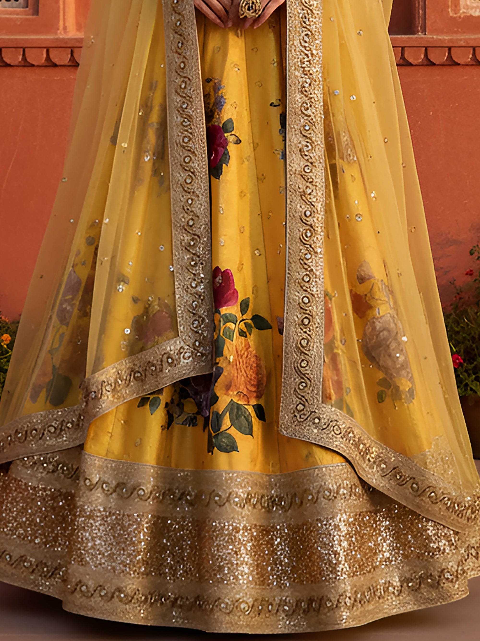 Gorgeous Yellow Floral Printed Silk Haldi Wear Plus Size Lehenga Choli
