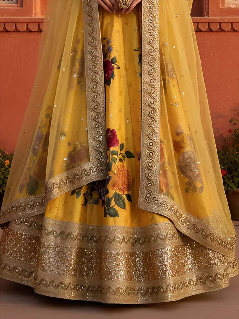 Yellow floral lehenga choli with gold embroidery and sequins, perfect for Indian ethnic wear