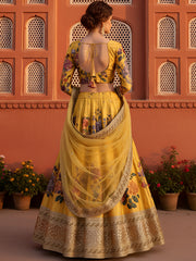 Gorgeous Yellow Floral Printed Silk Haldi Wear Plus Size Lehenga Choli