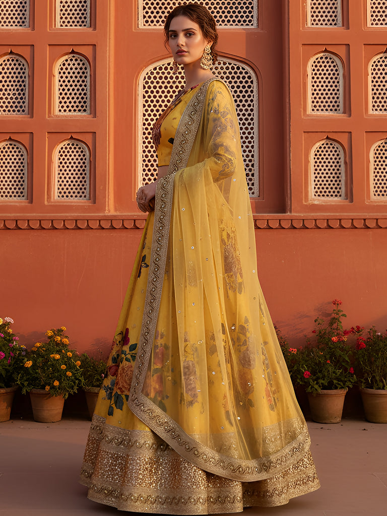Gorgeous Yellow Floral Printed Silk Haldi Wear Plus Size Lehenga Choli