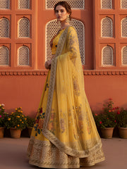 Gorgeous Yellow Floral Printed Silk Haldi Wear Plus Size Lehenga Choli