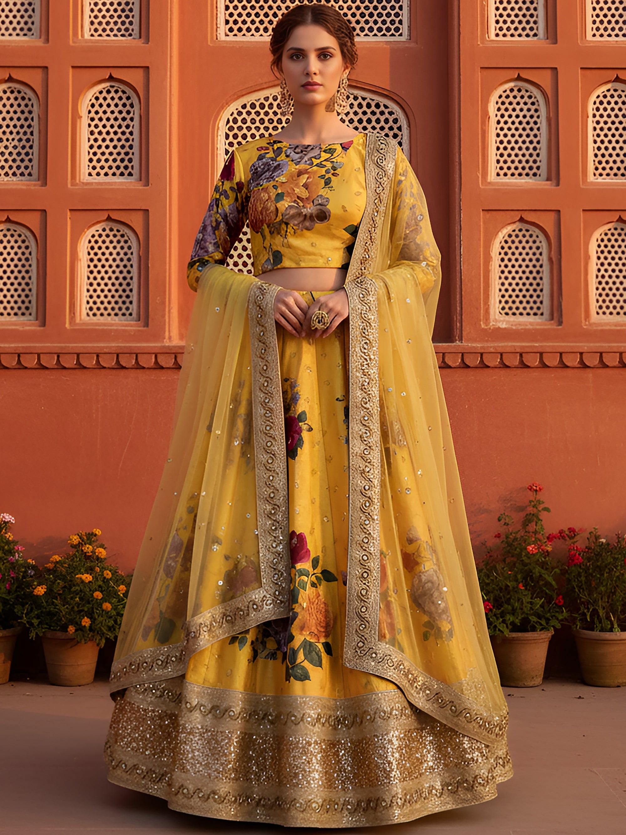 Gorgeous Yellow Floral Printed Silk Haldi Wear Plus Size Lehenga Choli