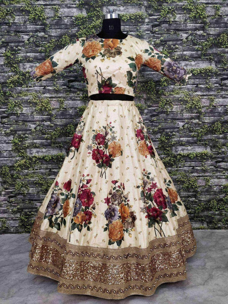 Cream Floral Digital Printed Art Silk Bridal Lehenga Choli
