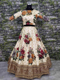 Cream Floral Digital Printed Art Silk Bridal Lehenga Choli