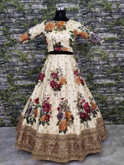 Cream Floral Digital Printed Art Silk Bridal Lehenga Choli