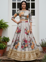 Awesome Gray Floral Printed Art Silk Lehenga Choli With Dupatta