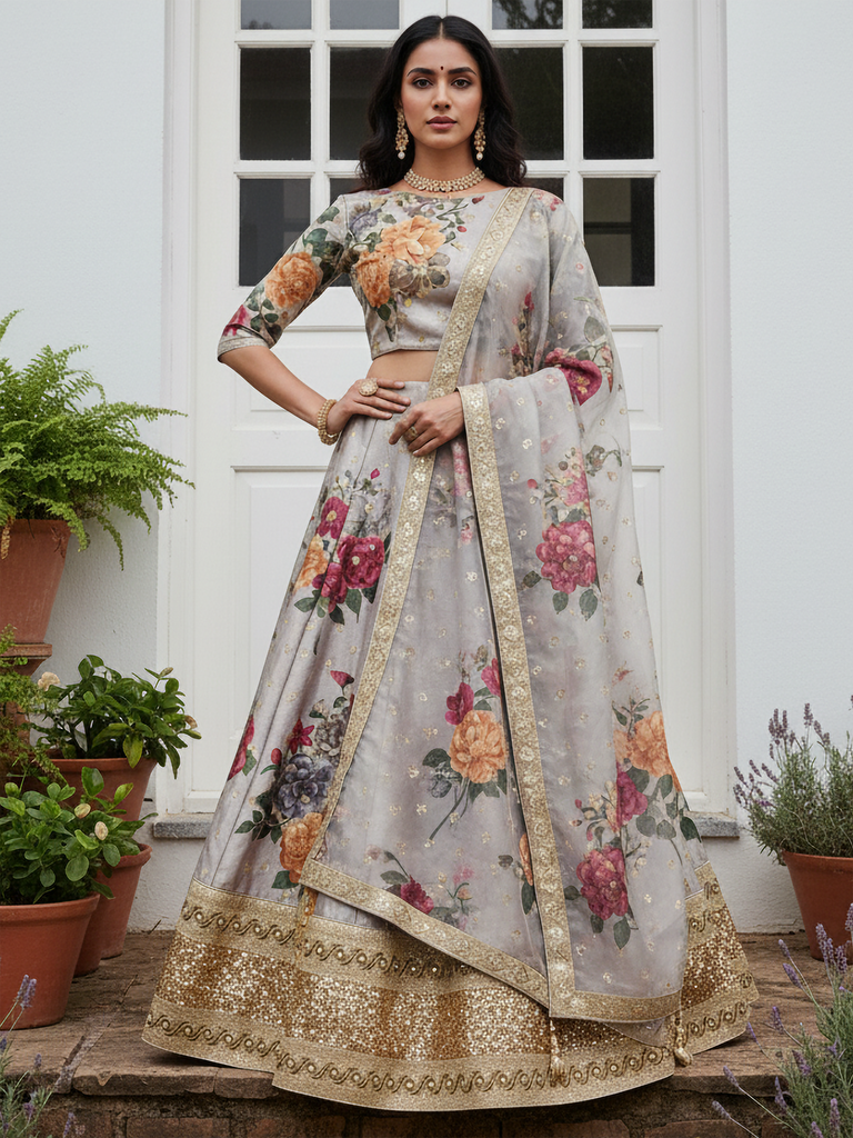 Awesome Gray Floral Printed Art Silk Lehenga Choli With Dupatta