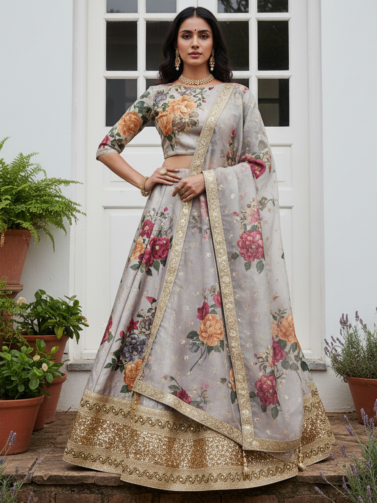 Awesome Gray Floral Printed Art Silk Lehenga Choli With Dupatta