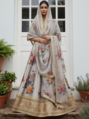 Awesome Gray Floral Printed Art Silk Lehenga Choli With Dupatta
