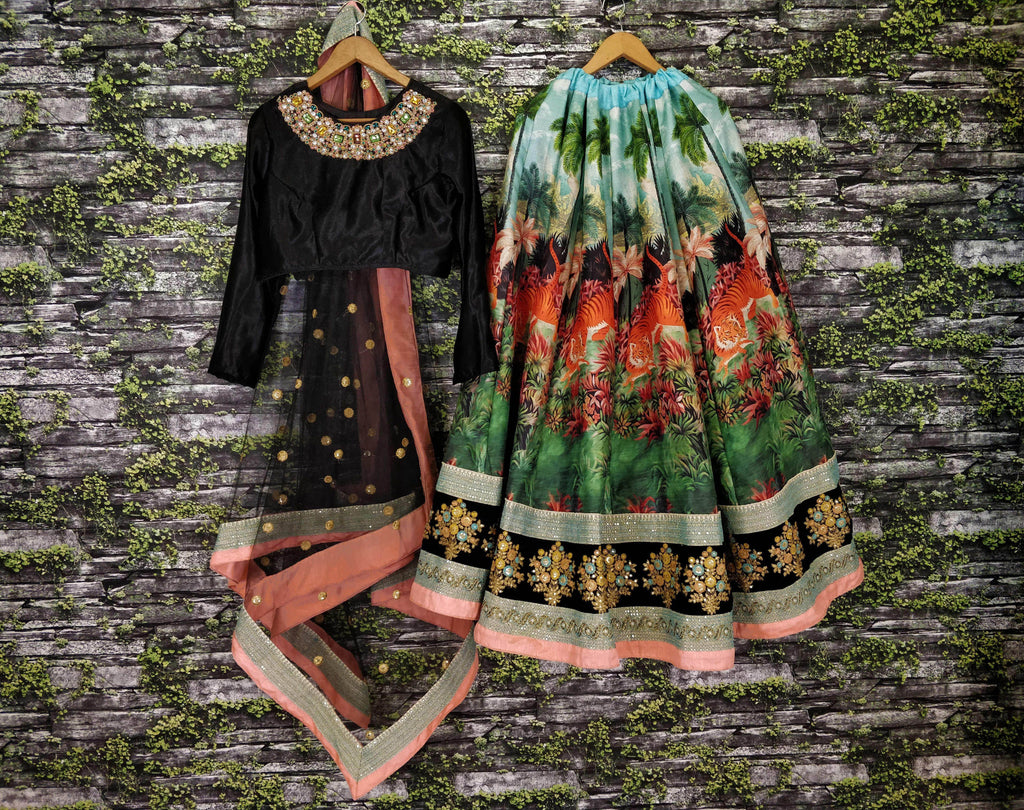 Black Digital Print Velvet Blouse Wedding Lehenga Choli With Dupatta