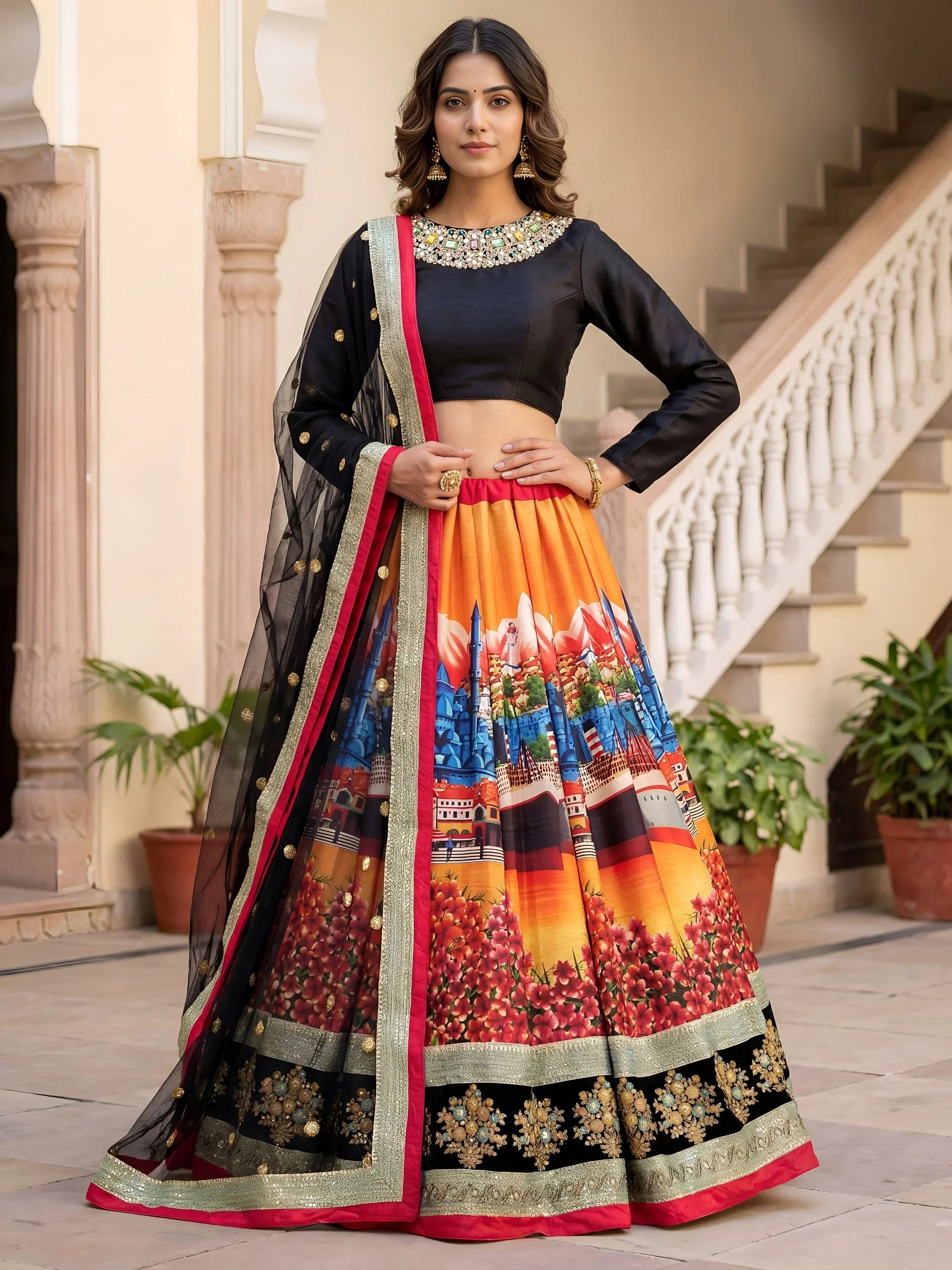Attractive MulticColor Floral Printed Silk Sangeet Wear Lehenga With Blouse